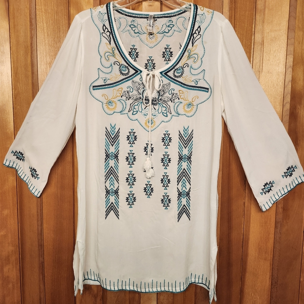 MOLLORELLO Women's L embroidered tunic. Turqouise, gold and teal.